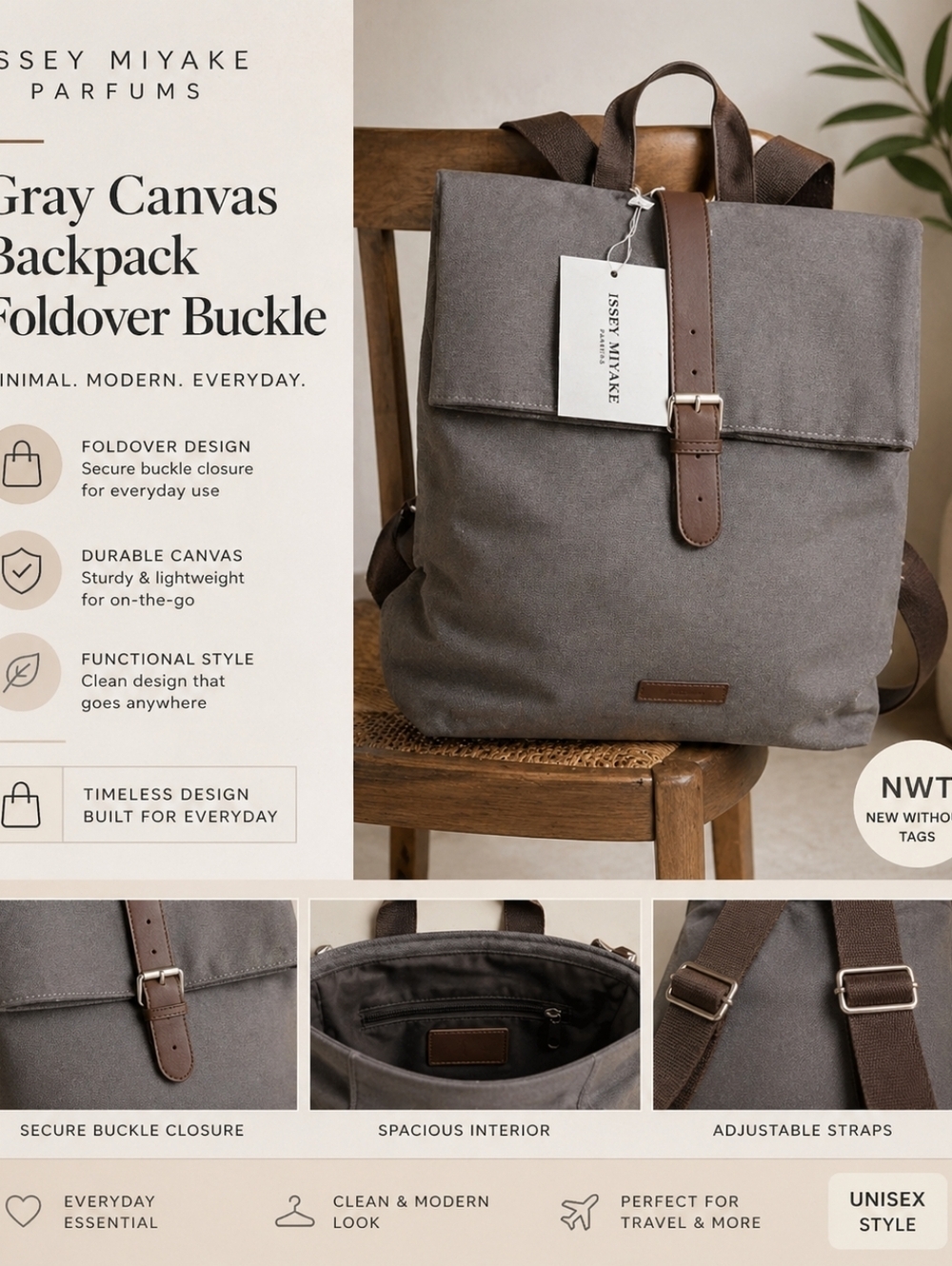 Issey Miyake Parfums Gray Canvas Backpack Foldover Buckle NWT